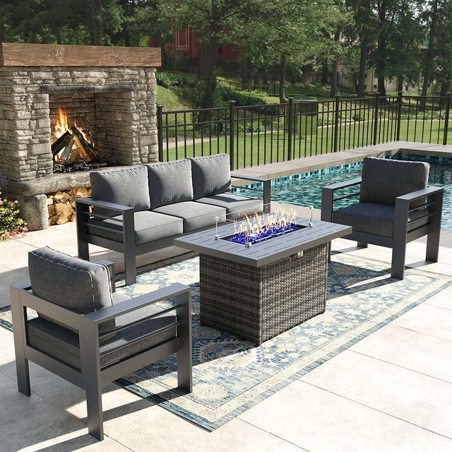 Vakollia 4 Pieces Modern Aluminum Patio Furniture Set with Fire Pit Table, Outdoor Conversation Sets Metal Sectional Sofa