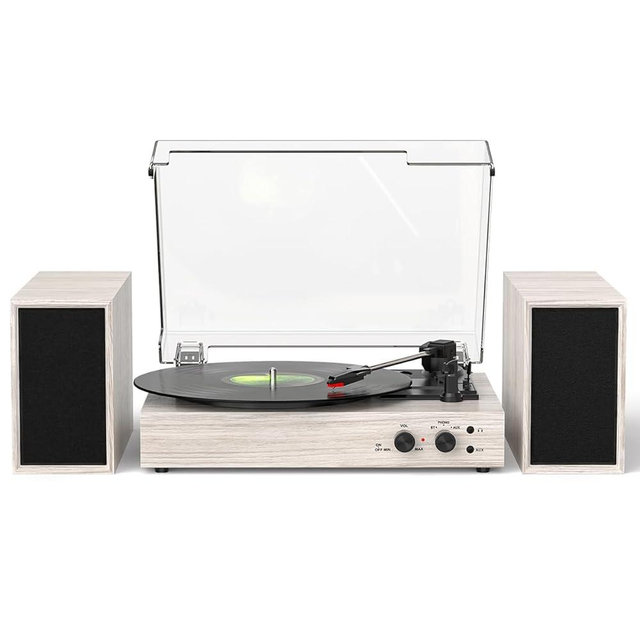 Record Player with Speakers and USB Encoding, Belt Driven Vintage Bluetooth Turntables for Vinyl Records with 20W Power External Speakers, 3 Speed 3 Size, Auto Stop, Dust Cover, RCA/AUX Port