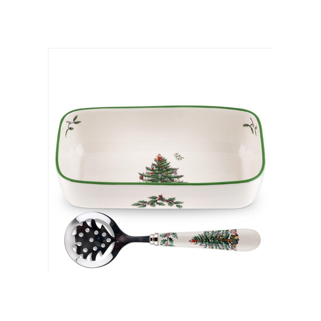 Spode Christmas Tree Cranberry Server with Slotted Spoon