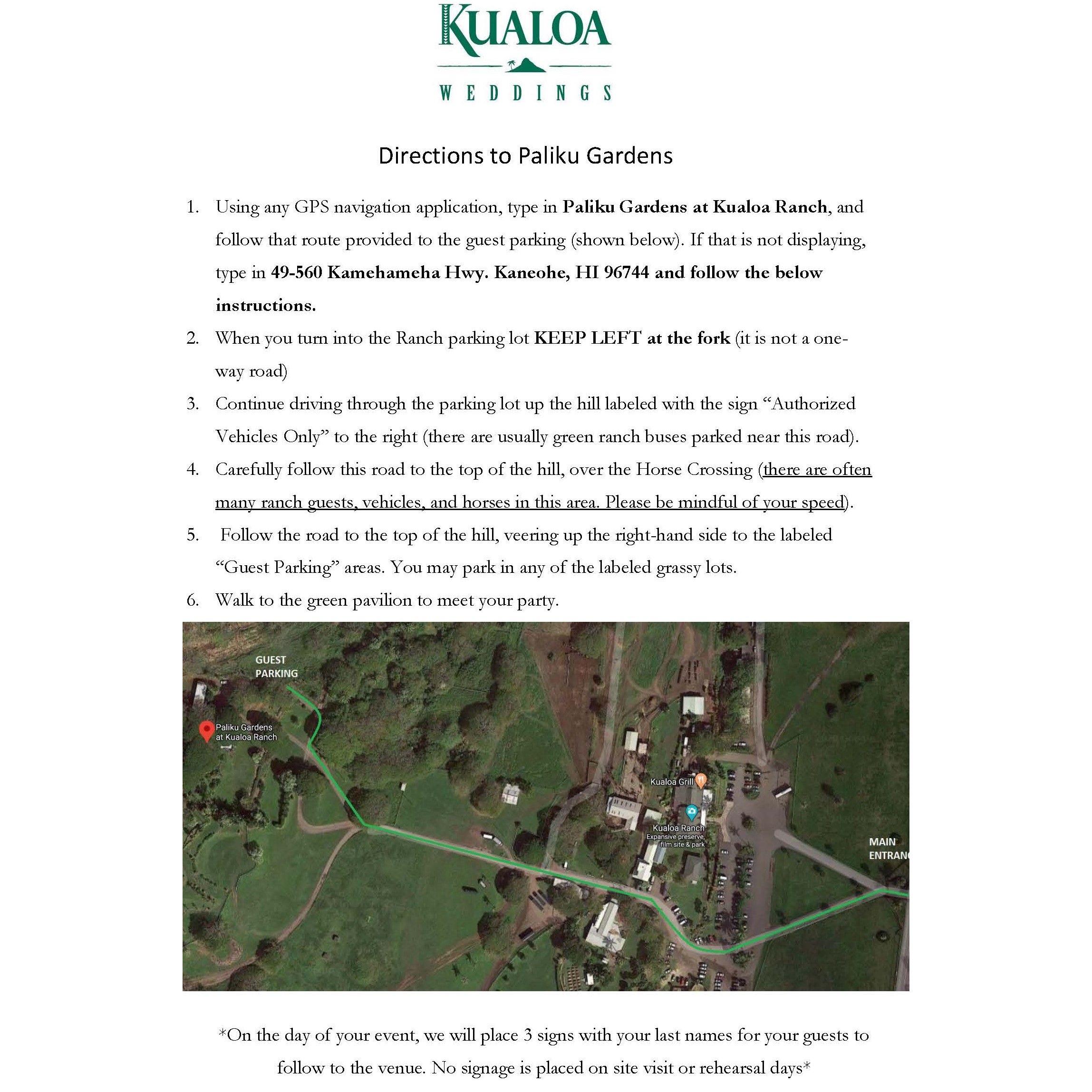 Onsite wedding venue directions and parking