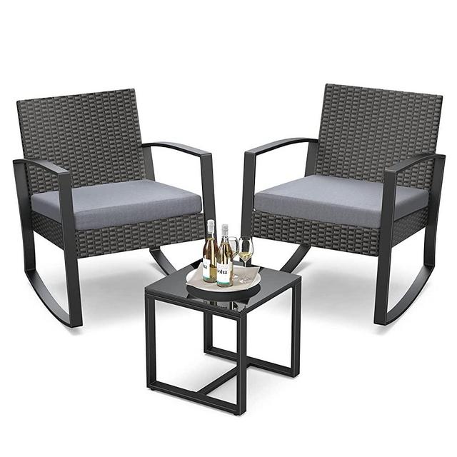 Qsun 3 Pieces Patio Furniture Set Patio Rocking Bistro Set Outdoor Patio Furniture Sets Rattan Conversation Sets with Coffee Table for Garden Balcony Backyard Poolside (Grey Cushion)