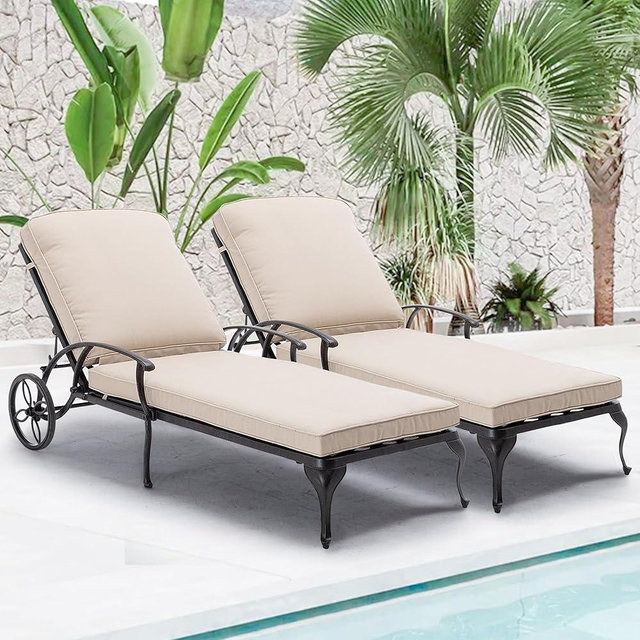 HOMEFUN Chaise Lounge Chair Outdoor - Poolside Chairs Set of 2 with Cushion Cast Aluminum Waterproof Lounger with Wheels and Adjustable Reclining, Pack of 2 (Beige Cushion)