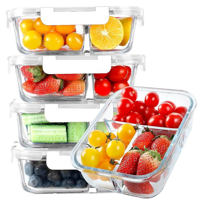 KOMUEE Glass Meal Prep Containers 3 Compartments, 5 Pack 36 oz, Glass Food Storage Containers with Lids, Airtight Lunch Bento Box, Portion Control, Freezer and Microwave Safe, White