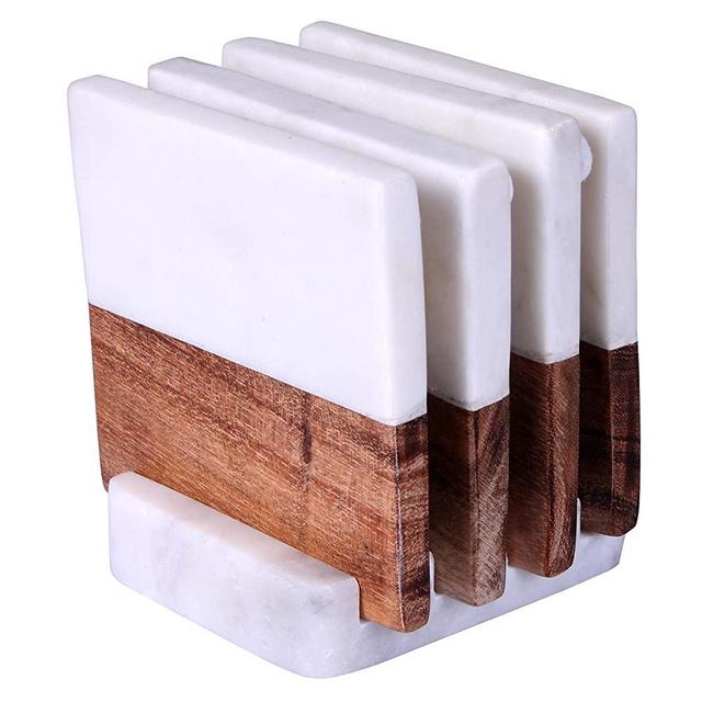 Marble Coasters for Drinks Set- Square 1/2 Wood & 1/2 Marble Drink Coasters with Holder. Absorbent Coaster Set of 4. Wood Coasters for Table or Bar