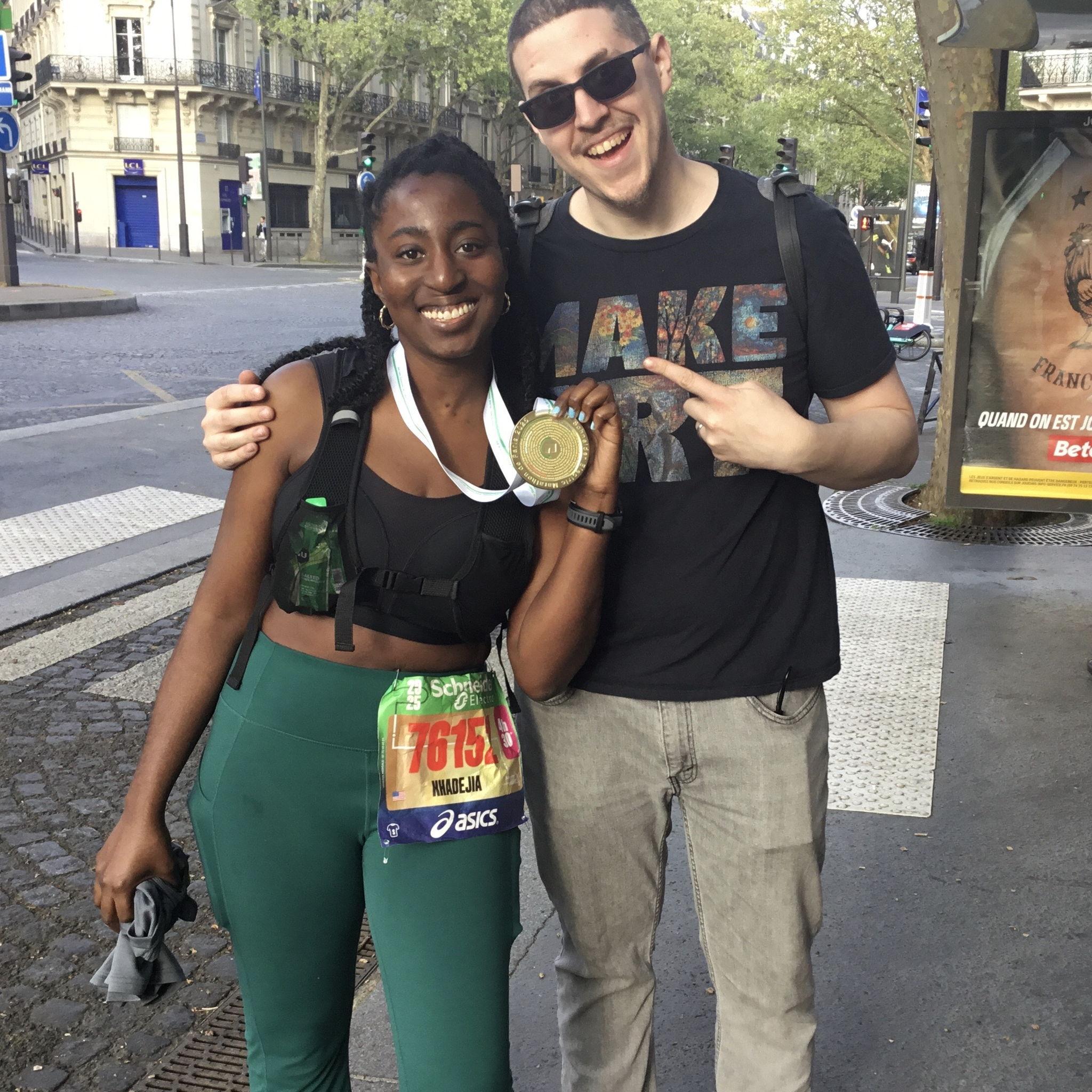 After Khadejia’s first marathon, celebrating with Chris, who served as her training partner/coach and biggest supporter.