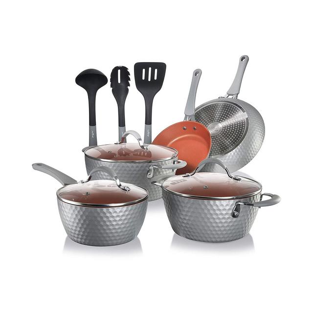 NutriChef NCCW11GD 11 Piece Nonstick Ceramic Coating Diamond Pattern Kitchen Cookware Pots and Pan Set w/Lids, Soup Ladle, Pasta Fork, & Spatula, Gray