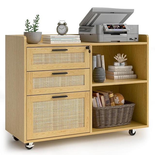 File Cabinets, 3 Rattan Drawer Lateral Filing Organization Storage Cabinets with Lock, Rolling Printer Stand Home Office Organizer for Hanging Files Letter/Legal/A4 Size (Rattan Wood Color, XL)