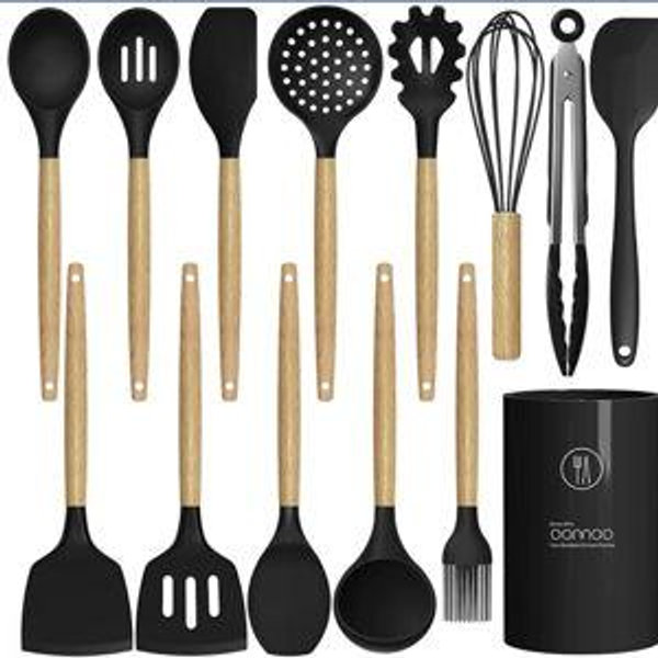 Silicone Cooking Utensils Set Utensil Sets - 446°F Heat Resistant Silicone Kitchen Utensils Set Wooden Handles, Silicone Utensils for Cooking w Holder for Non-Stick Cookware BPA FREE (Black)