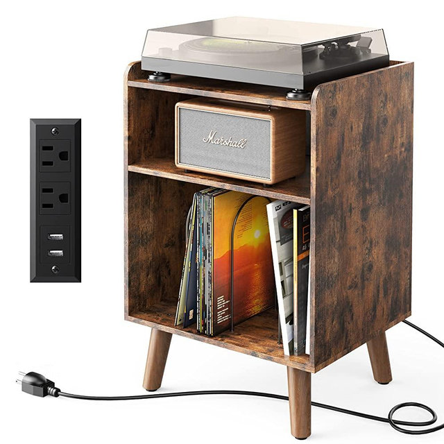 Record Player Stand, Turntable Stand with Record Storage and Charging Station & USB Ports, Record Player Table with Metal Divider, Record Stand Up to 120 Albums for Living Room, Bedroom Brown