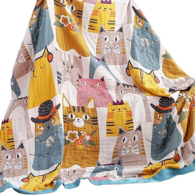MEJU Kitty Cats Kids Girls Boys Cute Blanket Throw for Bed Sofa Couch,100% Combed Cotton 4 Layer Soft Warm Quilt Throw Blanket Cartoon Bed Coverlet Full Queen 80" X 90"