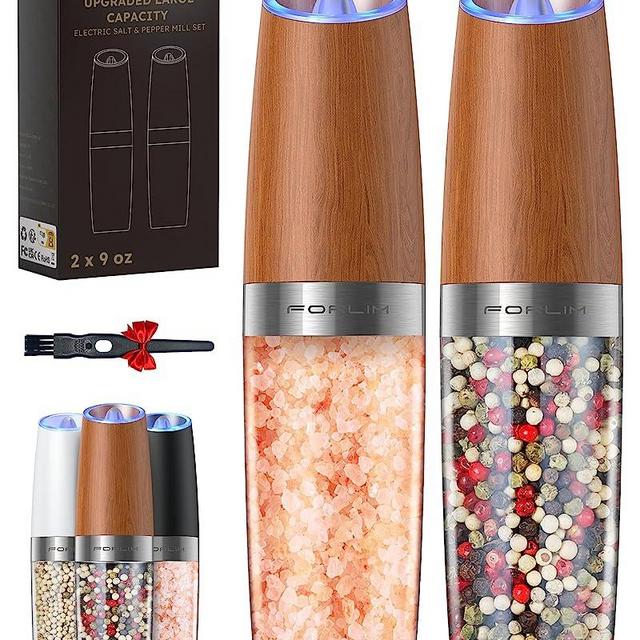 [Upgraded 9 Oz] FORLIM Gravity Electric Salt and Pepper Grinder Set, Battery Powered One Hand Automatic Operation, Adjustable Coarseness, LED Light - 2 Pack