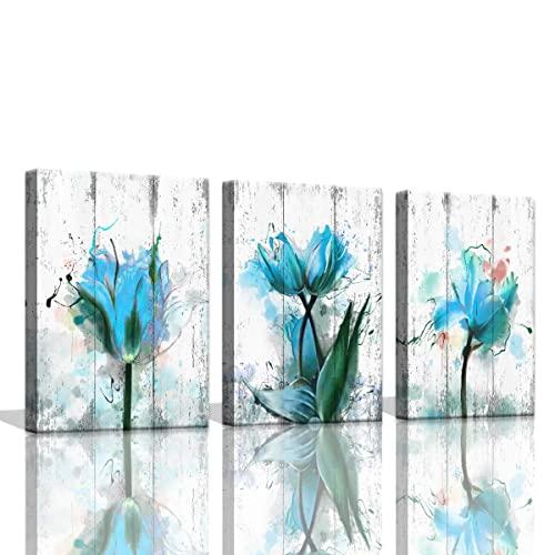 Rustic Wall Art for Bedroom Blue Watercolor Tulips Flower Paintings Canvas Wall Decorations for Bedroom Vintage White Wood Planks Background 3 Pieces Canvas Art Set Bedroom Pictures for Home Decor