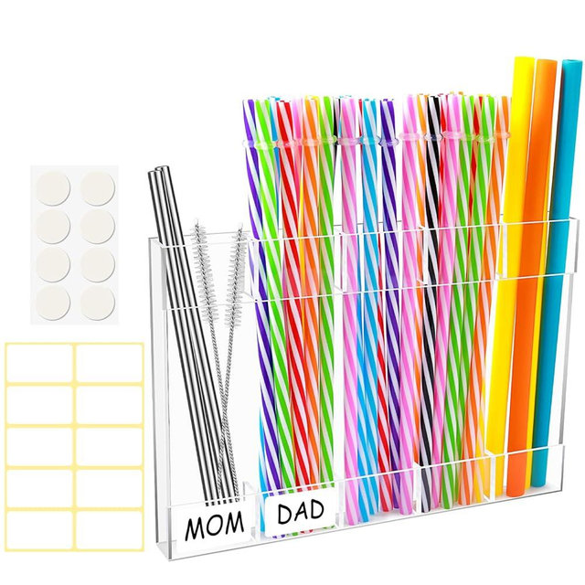 Yiilead Straw Holder, Transparent Acrylic Straw Dispenser with Double Sided Adhesive Tape and Stickers, Straw Organizer for Cupboard Reusable Straw Storage Container for Kitchen Counter
