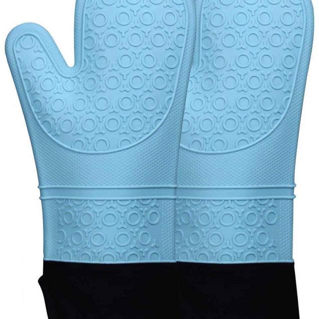 HOMWE Extra Long Professional Silicone Oven Mitt, Oven Mitts with Quilted Liner, Heat Resistant Pot Holders, Flexible Oven Gloves, Aqua, 1 Pair, 14.7 Inch