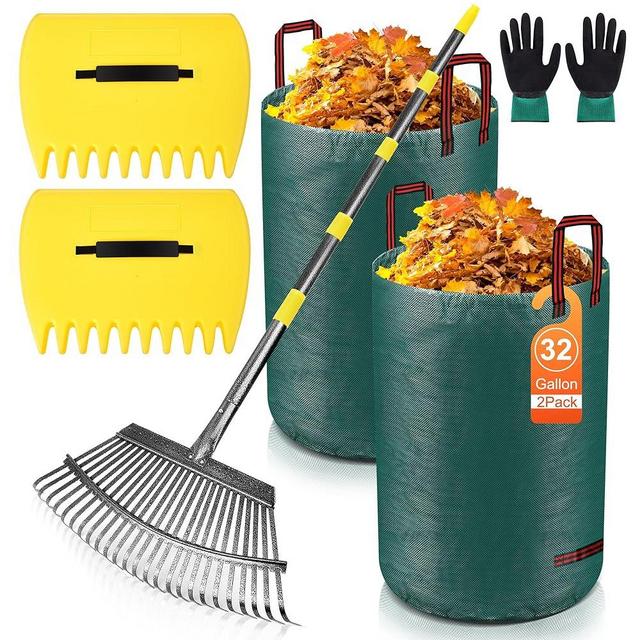 Adjustable Garden Leaf Rake Set, 18" Wide, 25 Tines, 37-79" Handle Metal Leaf Rake with 2 Pack 32 Gallons Leaf Bags and Scoops. Heavy Duty Graden Rakes Set for Lawn, Grass, Shrubs, Flower Beds