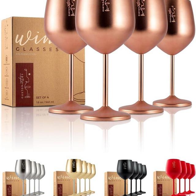Gusto Nostro Stainless Steel Wine Glass - 18 oz - Unbreakable Rose Gold Wine Glasses for Travel, Camping and Pool - Fancy, Unique and Cool Portable Metal Wine Glass for Outdoor, Picnics (Set of 4)