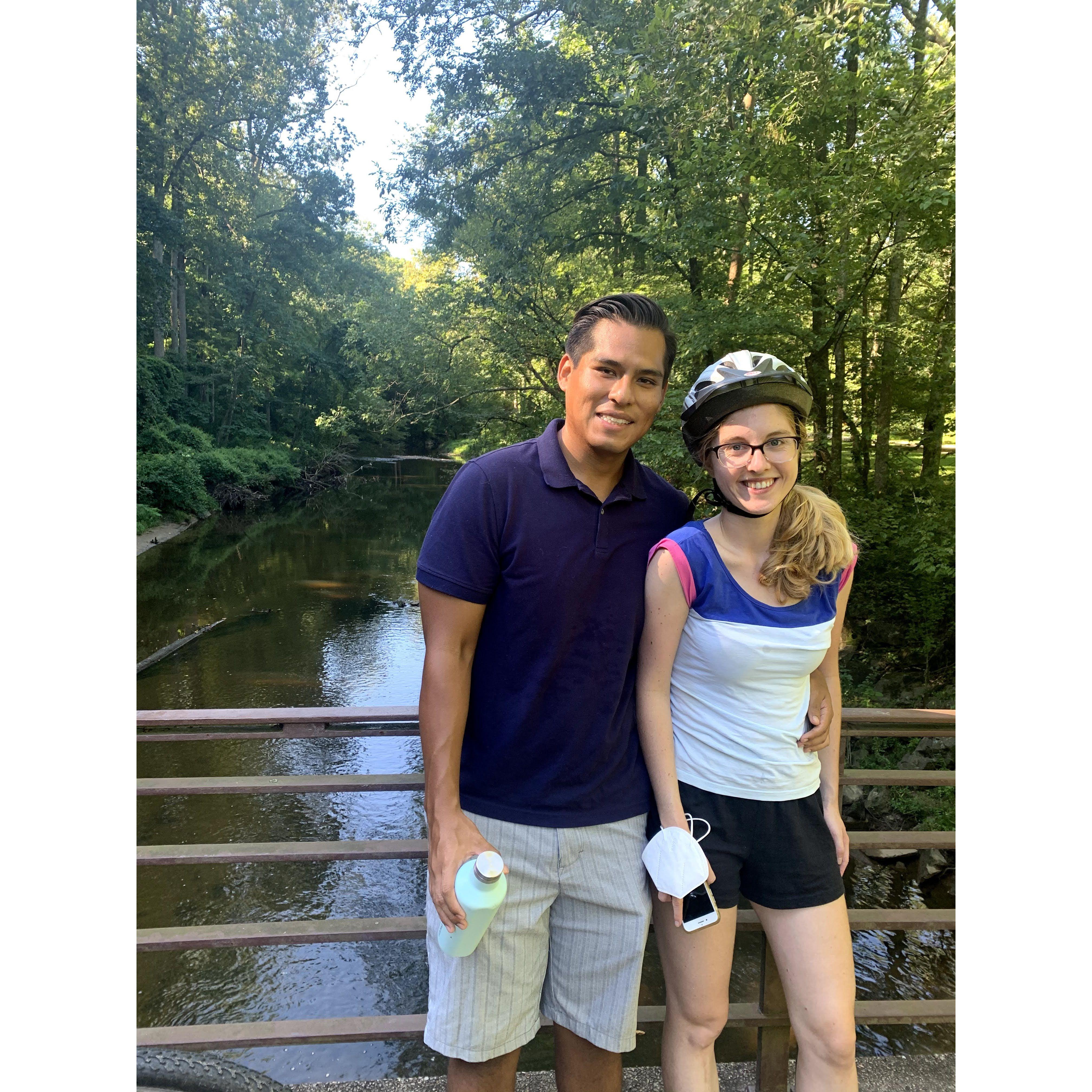 Biking together in rock creek park during the first time my family visited.