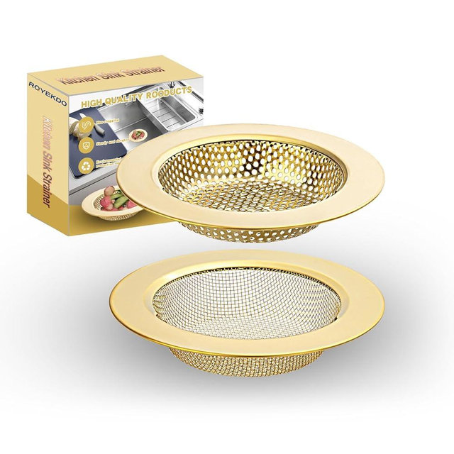 RQYEKDO Kitchen Sink Strainer Stainless Steel with Coarse Mesh & Fine Mesh | 4.4" Wide Rim Drain Strainer | Fits Standard Sinks & Garbage Disposals (Gold)