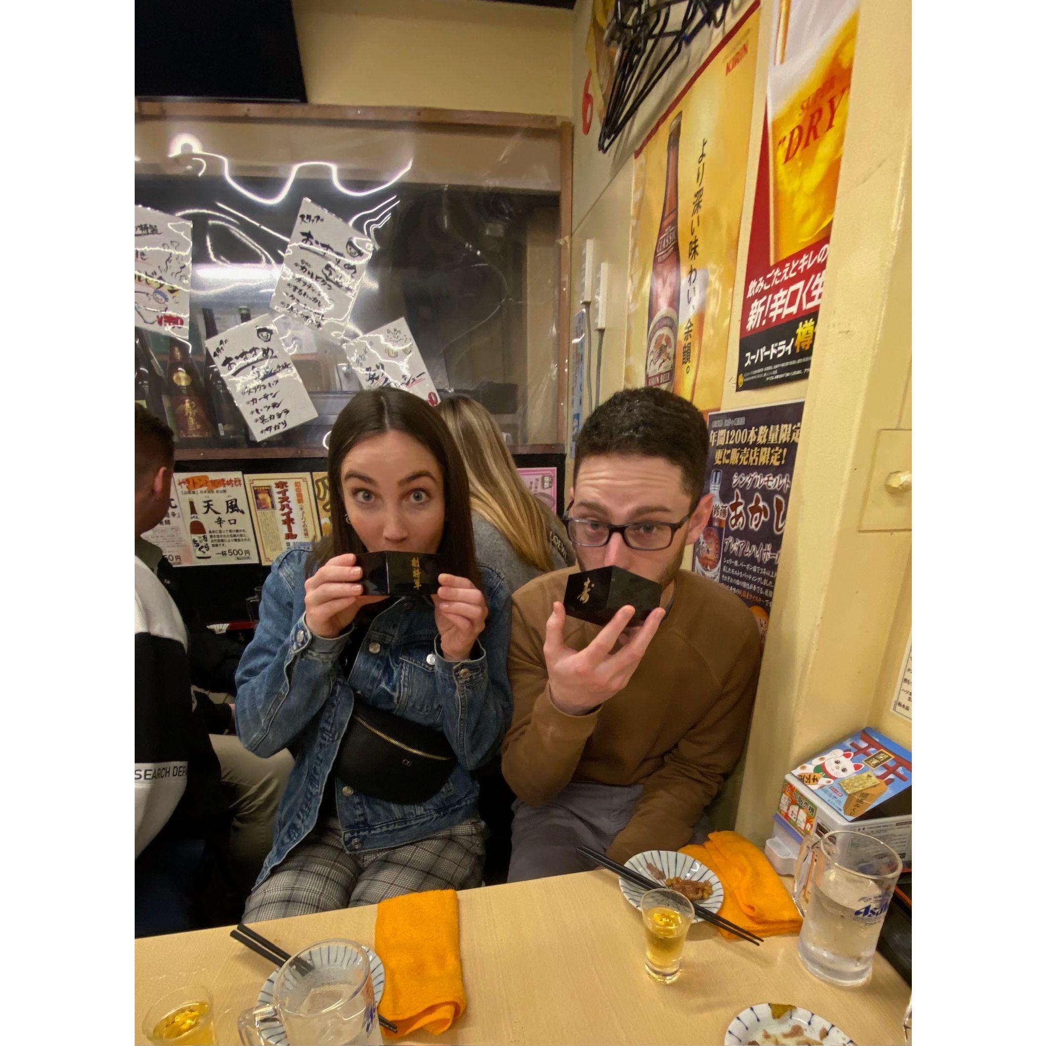 and drinks the Sake