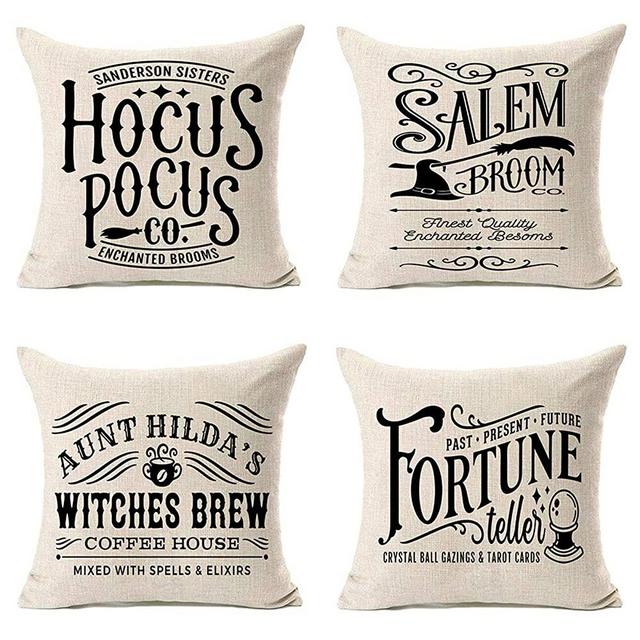 MFGNEH Hocus Pocus Halloween Pillow Covers 18x18 Set of 4,Halloween Decorations Witches Brew Cotton Linen Cushion Covers,Halloween Decor,Fall