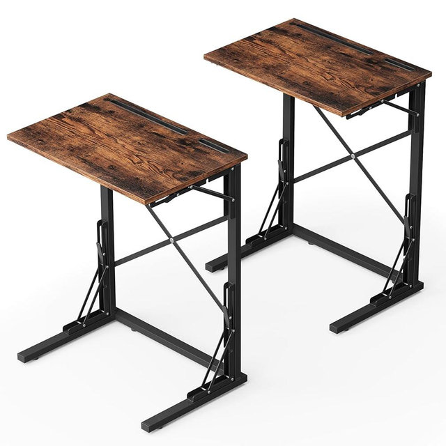 Evermagin 21''Wx28''H TV Tray Set of 2, Small Foldable C-Shaped End Table for Eating with Tablet and Phone Slots, Slide Under Couch Side Table for Recliner, Living Room, Bedroom, Rustic Brown