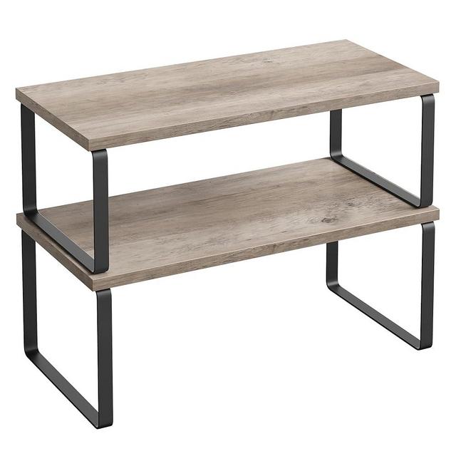 SONGMICS Cabinet Organizer Shelf, Set of 2 Kitchen Counter Shelves, Kitchen Storage, Spice Rack, Stackable, Expandable, Metal and Engineered Wood, Ink Black and Heather Greige UKCS200X02
