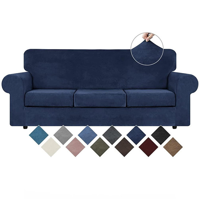 WEERRW 4 Pieces Velvet High Stretch Couch Covers for 3 Cushion Couch Sofa Slipcovers, Washable Furniture Protector with Non Slip Elastic Bottom, Feature Soft and Thick Plush Fabric, Navy Blue, Large