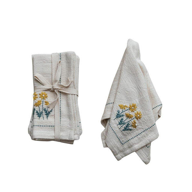 Creative Co-Op Floral Hand-Embroidered Cotton Napkins, Multicolor, Set of 4