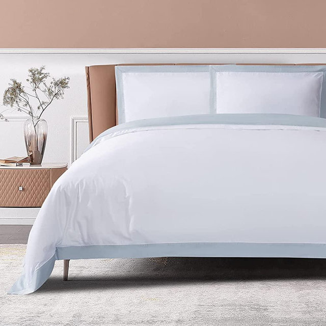 TheCotton&Silk 100% Luxury Long-Staple Cotton Duvet Cover Set (3 Pieces) King Size, White + Misty Blue