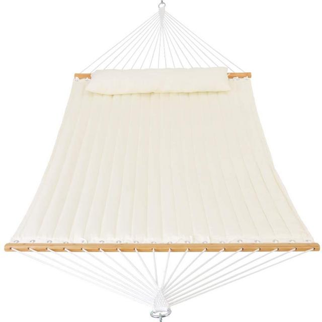 Patio Watcher 11 Feet Quilted Fabric Hammock with Pillow Double 2 Person Hammock with Bamboo Spreader Bars, Perfect for Outdoor Patio Yard White
