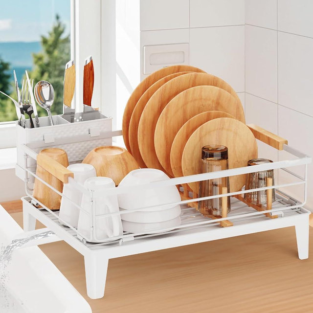 JYPS Dish Drying Rack for Kitchen Counter Decor with Drainboard Auto-Drain，Rustproof Dish Rack Drainers with Utensil Holder, Wooden Handles，360° Rotatable Drainer, Higher Legs (White)
