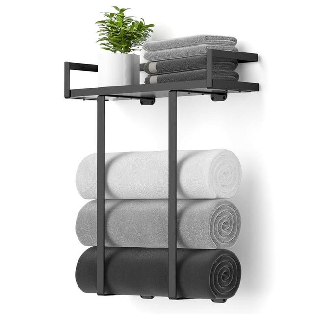 Xstydes Towel Racks for Bathroom Wall Mounted, Metal Towel Holder with Wooden Shelf for Folding Large Towels, Towel Storage for Small Bathroom Organizer Decor or RV Camping, Black