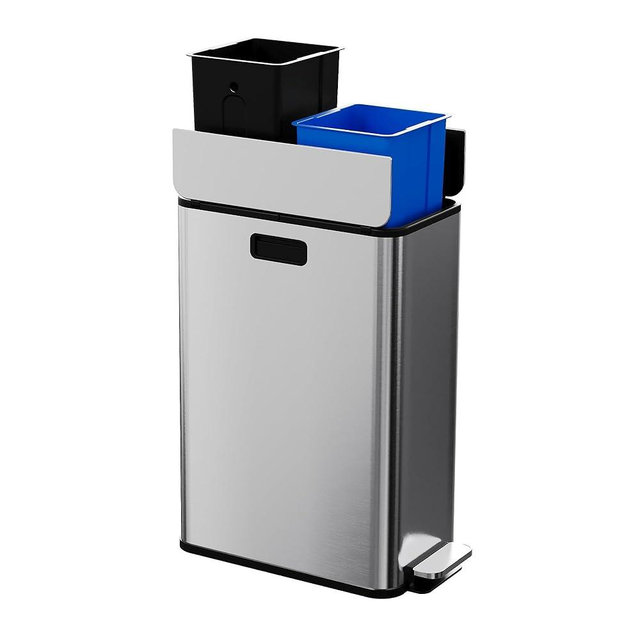 Garvee Kitchen Dual Trash Can, 15 gal Large Recycling Bin Garbage Can with Butterfly Lid, Fingerprint Resistant Stainless Steel Trash Bin for Kitchen, Living Room, Office (2 x 28 L)