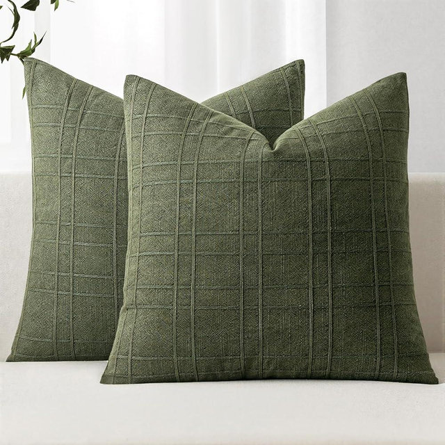 MIULEE Decorative Linen Check Throw Pillow Covers Neutral Farmhouse Vintage Christmas Pillow Covers 20x20 Set of 2 Boho Modern Home Decor for Sofa Couch Bedroom Cushion Dark Olive Green