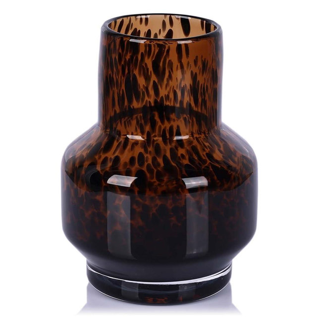 Amber Vase – Brown Glass, Modern Clear Glass Vase with Wide Mouth for Flowers, Decorative Bottles for Home Decor, Farmhouse Centerpiece, Round Art Glass Vase for Living Room, Kitchen, Office (S)