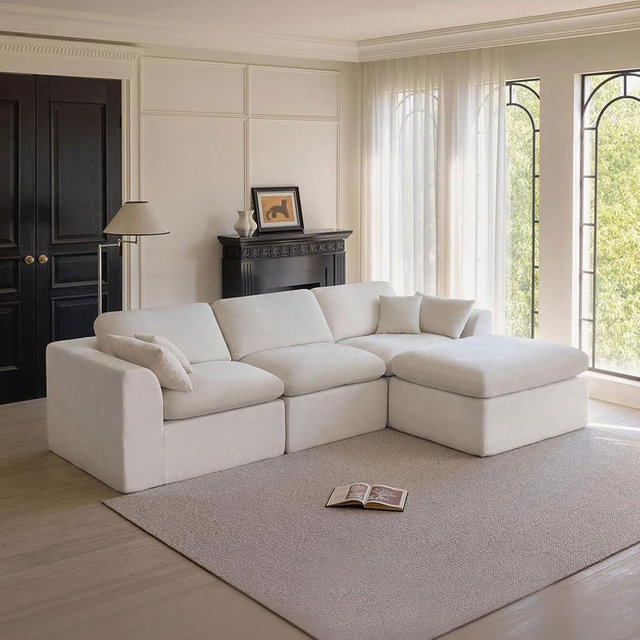 115''Cloud Sectional Couch for Living Room, Modern L-Shape Sofa with Ottoman, Oversized Convertible 3 Seater Modular Couches, Warm White