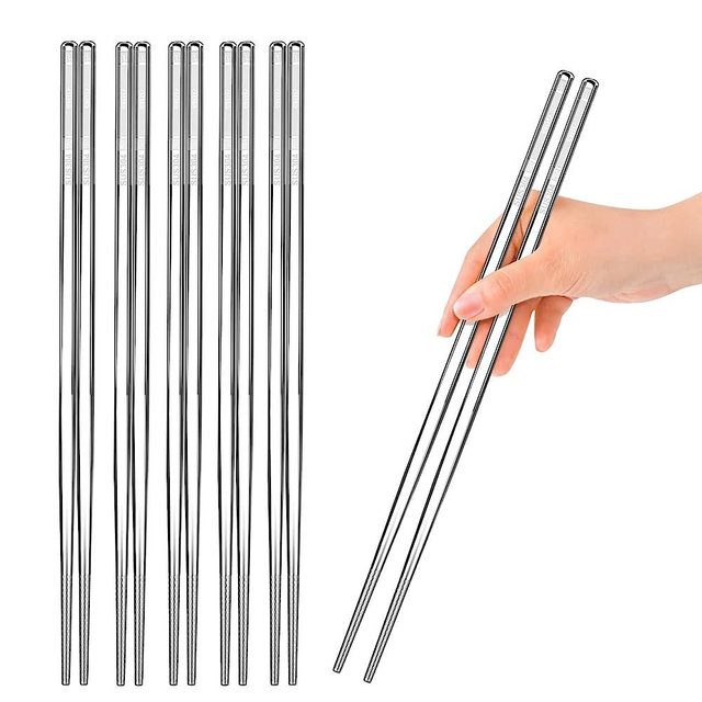 YTLX 5 Pairs Premium Stainless Steel Metal Chopsticks, Reusable Silver Chopsticks Dishwasher Safe, Square Lightweight Non-Slip Chop Sticks Easy to Use for Home Kitchen Hotel Restaurant