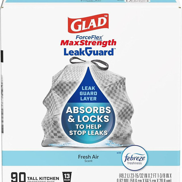 Glad ForceFlex MaxStrength LeakGuard Trash Bags, 13 Gal, Fresh Air, 90 Ct (Package May Vary)