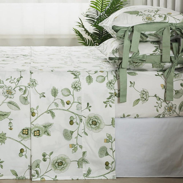 FADFAY California King Sheet Sets Premium Cotton Green Floral Bed Sheets Shabby Vintage Chic Bedding Toile Sheets Flower Print Bowknot Design Soft Crisp Breathable Deep Pocket Fitted Sheets 4Pcs