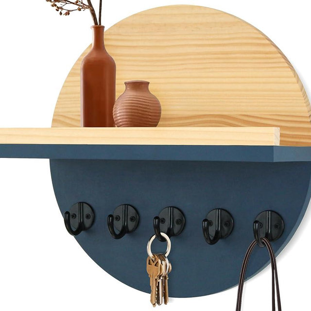 Gurfuy Blue Key Holder for Wall with Shelf - Wood Mail Organizer and Rack with Shelf Hooks Wall Mounted for Entryway Decor Magazines Letter Storage Farmhouse Living Room Bedroom Doorway