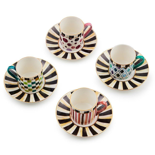MACKENZIE-CHILDS Sweetheart Espresso Cup and Saucer Set, Cute Porcelain Espresso Cups and Saucers for Coffee, Set of 4