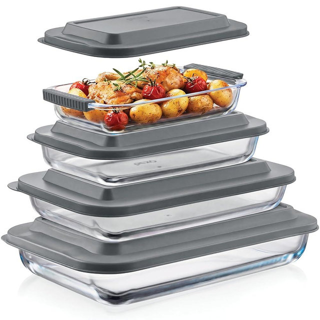 Pexo 8 Piece Glass Baking Dish Set with Lids, With Silicone Handles for Easy Grip (1.06QT, 1.69QT, 2.32QT, 3.17QT), Clear Glass Casserole Dishes for Oven, Airtight Lids, Glass Bakeware, Freezer, Oven, and Dishwasher safe (Gray)