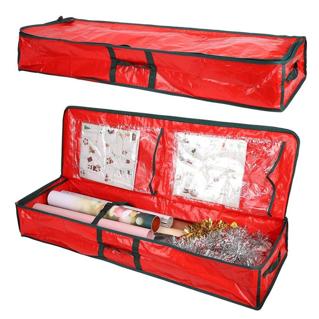 Multipurpose Gift Wrapping Storage Bag - Flexible Dividers & Pockets, 40" Durable PE for Ribbons, Ornaments, Holiday Decor(red/green)