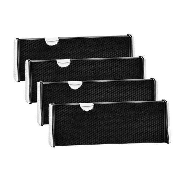 JONYJ Drawer Dividers Organizer 4 Pack, Adjustable Separators 4" High Expandable from 11-17" for Bedroom, Bathroom, Closet,Clothing, Office, Kitchen Storage, Strong Secure Hold, Foam Ends（Black）