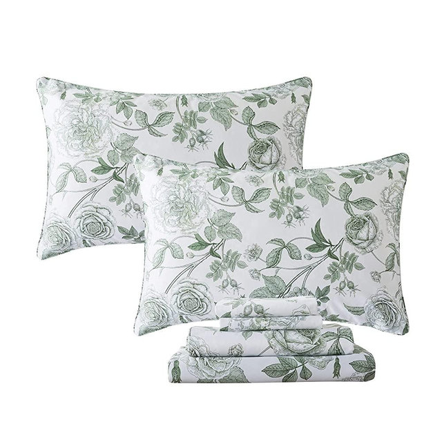 FADFAY Sheets Set Queen Vintage White and Green Floral Bedding Elegant Peony Sheets Set Shabby Rose Farmhouse Bedding 100% Egyptian Cotton 800 Thread Count Deep Pocket Fitted Sheet 4Pcs, Queen Size