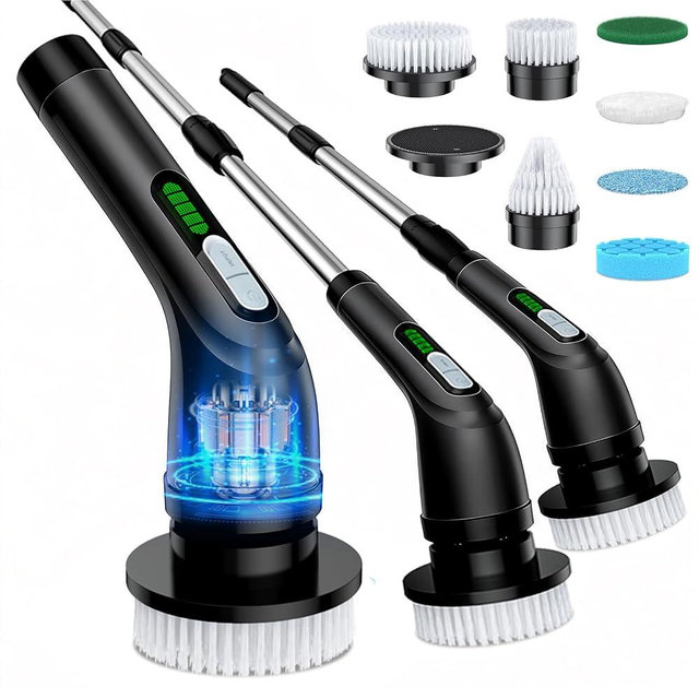 Highyes Electric Spin Scrubber, Powerful 2-Speed Cleaning Brush, IPX7 Waterproof with 7 Reusable Brush Heads & Extendable Handle, for Bathroom Toilet Shower Kitchen Wall Tile Floor Grout (Black)