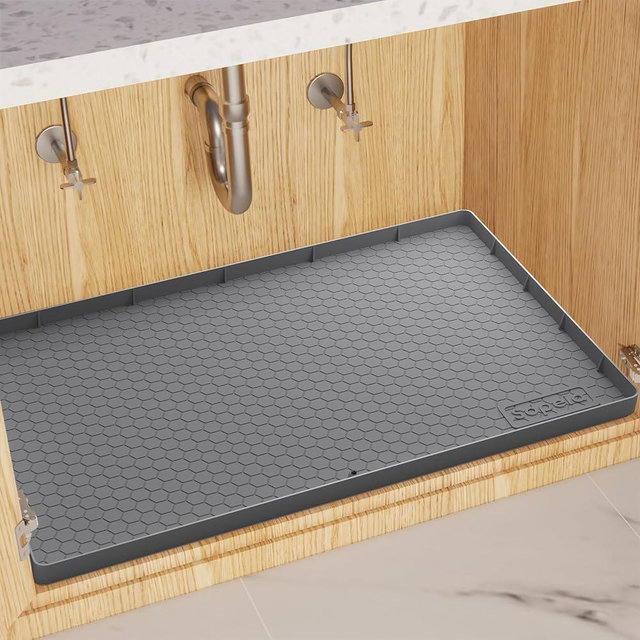 Under Sink Mat for Bathroom Waterproof Shelf Liner 19 x 22 in Cabinet Liner for Kitchen Under-sink Organizers Protects Cabinet from Leaks Flexible Drip Tray with Drain Hole (Grey)