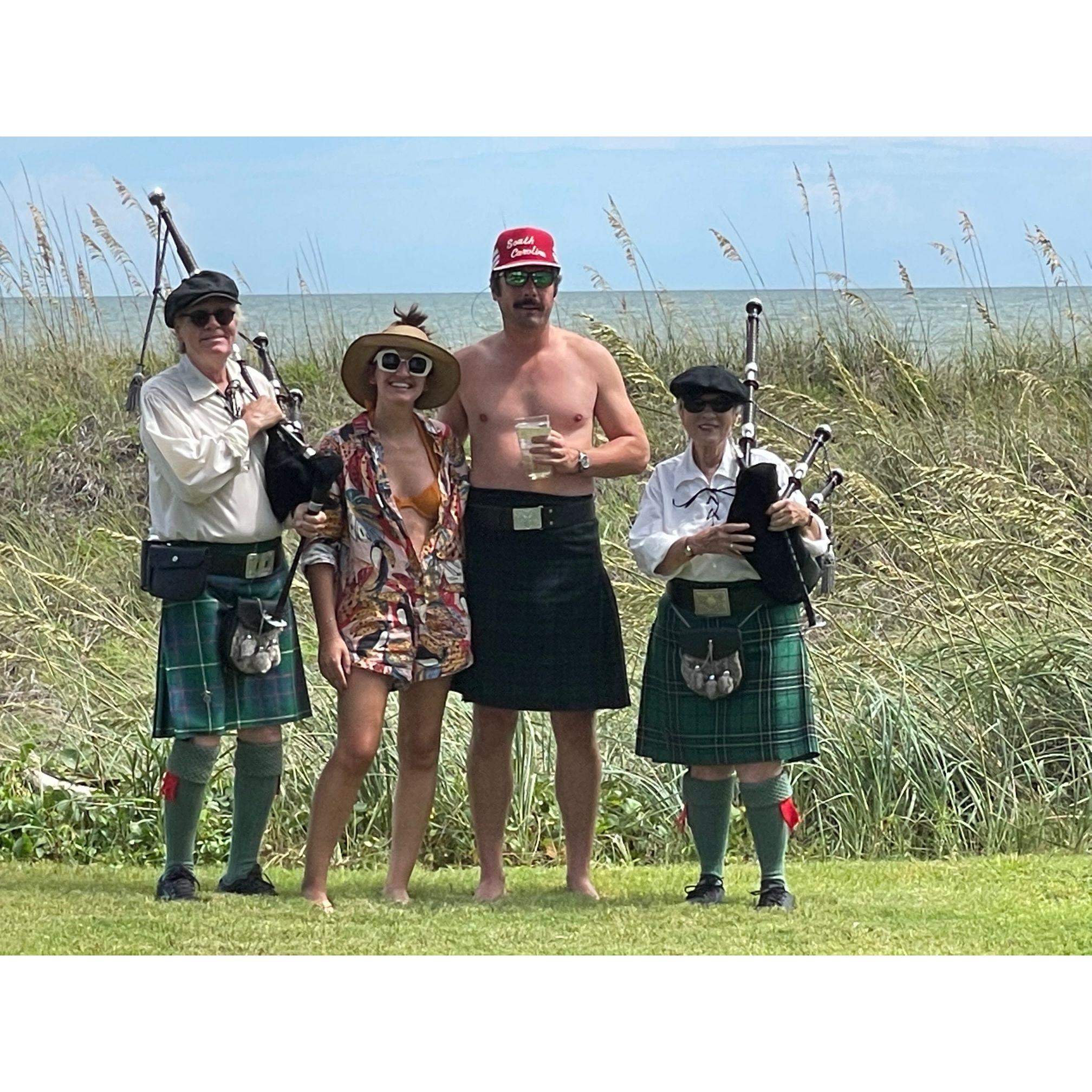 July 24th, 2022, Jake's birthday surprise for Steph... bagpipes on North Myrtle Beach, SC.