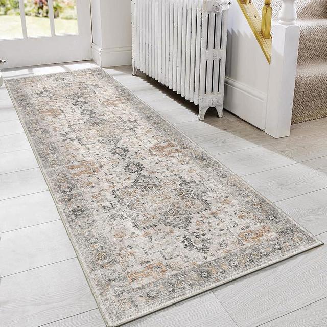 GENIMO Runner Rug 3x8, Non Slip Vintage Hallway Runner Rugs, Low Pile Lightweight Machine Washable Mat for Hallway, Entryway, Bedroom, Kitchen and Corridor, Light Taupe Brown
