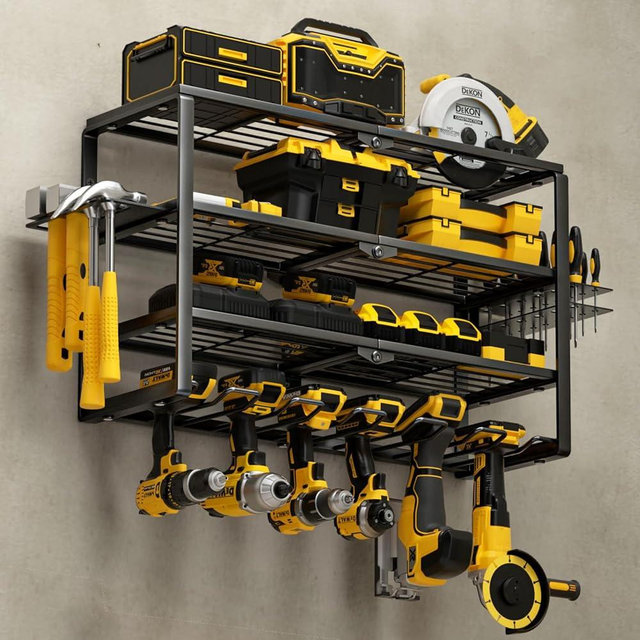 YYR 4 Layer Power Tool Organizer Wall Mount, Cordless Drill Hanger Storage Rack, Battery Tools Holder with Charging Station Shelf for Garage Organization, Workshop, Pegboard, Shed - 24 Inch 6 Slots